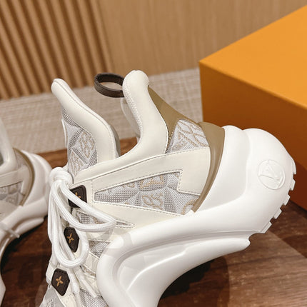 LV ARCHLIGHT SNEAKER IN WHITE MIX PALE GRAY CALFSKIN AND MONOGRAM DENIM