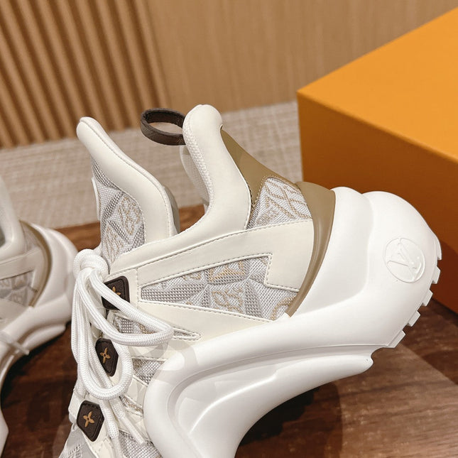 LV ARCHLIGHT SNEAKER IN WHITE MIX PALE GRAY CALFSKIN AND MONOGRAM DENIM