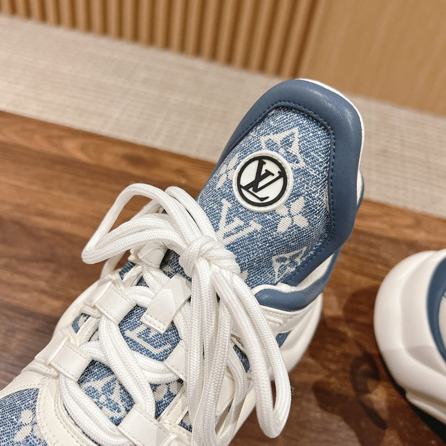 LV ARCHLIGHT SNEAKER IN WHITE MIX AEGEAN BLUE CALFSKIN AND MONOGRAM DENIM