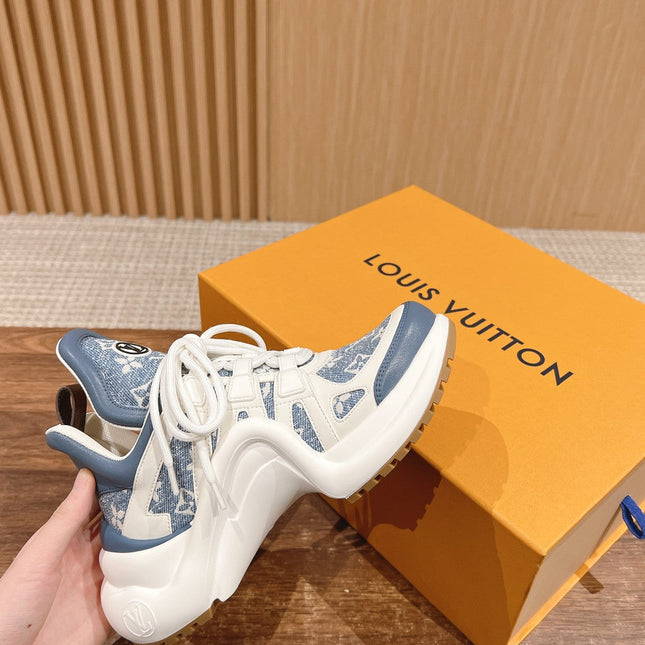 LV ARCHLIGHT SNEAKER IN WHITE MIX AEGEAN BLUE CALFSKIN AND MONOGRAM DENIM