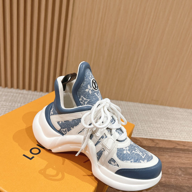 LV ARCHLIGHT SNEAKER IN WHITE MIX AEGEAN BLUE CALFSKIN AND MONOGRAM DENIM