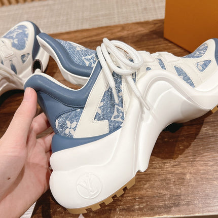 LV ARCHLIGHT SNEAKER IN WHITE MIX AEGEAN BLUE CALFSKIN AND MONOGRAM DENIM