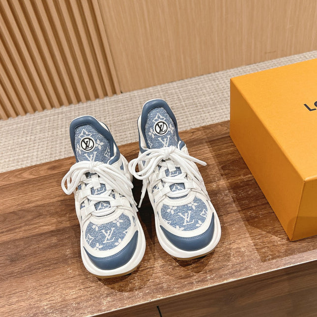 LV ARCHLIGHT SNEAKER IN WHITE MIX AEGEAN BLUE CALFSKIN AND MONOGRAM DENIM