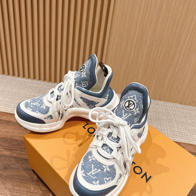 LV ARCHLIGHT SNEAKER IN WHITE MIX AEGEAN BLUE CALFSKIN AND MONOGRAM DENIM