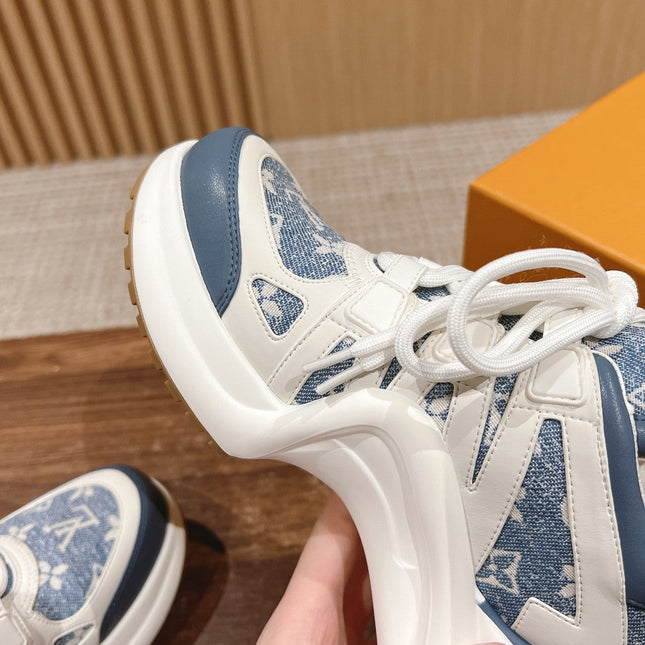 LV ARCHLIGHT SNEAKER IN WHITE MIX AEGEAN BLUE CALFSKIN AND MONOGRAM DENIM