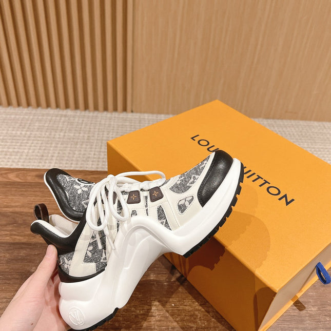 LV ARCHLIGHT SNEAKER IN WHITE MIX BLACK CALFSKIN AND MONOGRAM DENIM