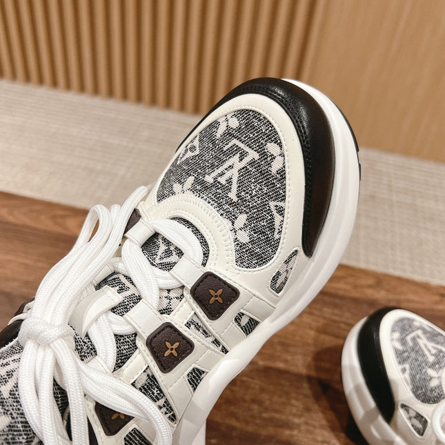 LV ARCHLIGHT SNEAKER IN WHITE MIX BLACK CALFSKIN AND MONOGRAM DENIM