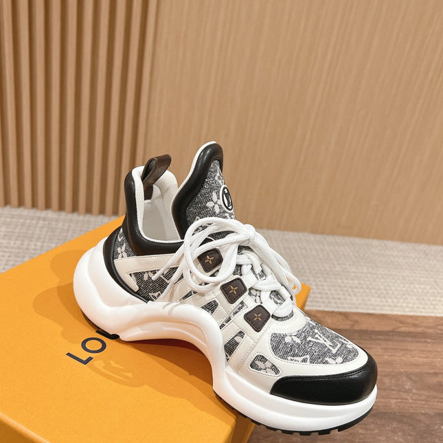 LV ARCHLIGHT SNEAKER IN WHITE MIX BLACK CALFSKIN AND MONOGRAM DENIM