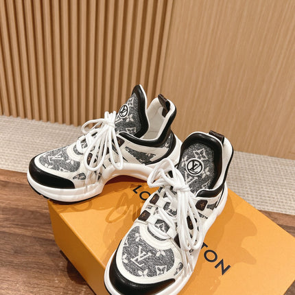 LV ARCHLIGHT SNEAKER IN WHITE MIX BLACK CALFSKIN AND MONOGRAM DENIM