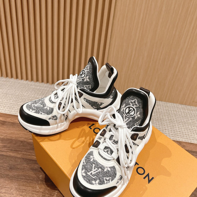 LV ARCHLIGHT SNEAKER IN WHITE MIX BLACK CALFSKIN AND MONOGRAM DENIM