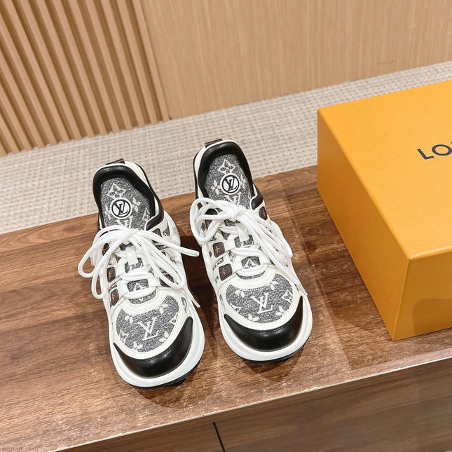 LV ARCHLIGHT SNEAKER IN WHITE MIX BLACK CALFSKIN AND MONOGRAM DENIM