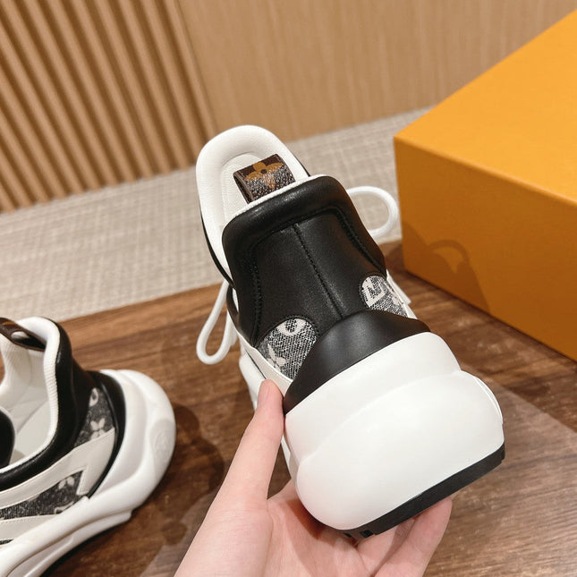 LV ARCHLIGHT SNEAKER IN WHITE MIX BLACK CALFSKIN AND MONOGRAM DENIM