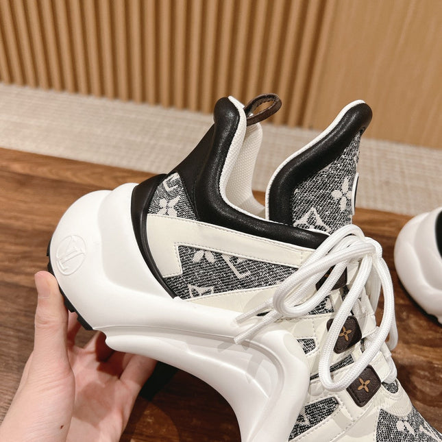 LV ARCHLIGHT SNEAKER IN WHITE MIX BLACK CALFSKIN AND MONOGRAM DENIM