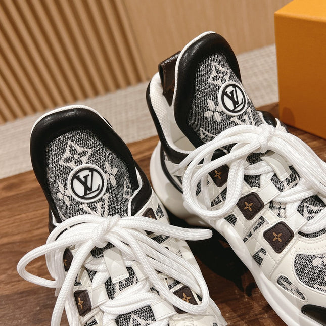 LV ARCHLIGHT SNEAKER IN WHITE MIX BLACK CALFSKIN AND MONOGRAM DENIM