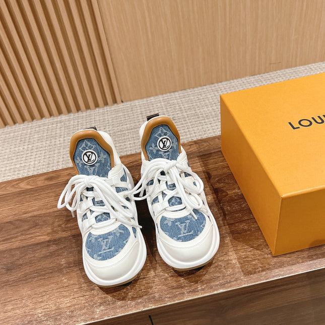 LV ARCHLIGHT SNEAKER IN WHITE CALFSKIN AND LIGHT BLUE MONOGRAM DENIM