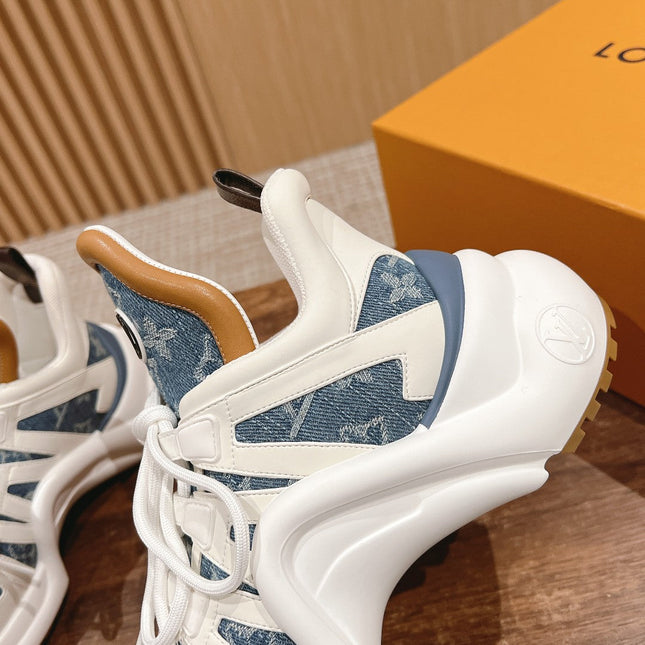 LV ARCHLIGHT SNEAKER IN WHITE CALFSKIN AND LIGHT BLUE MONOGRAM DENIM