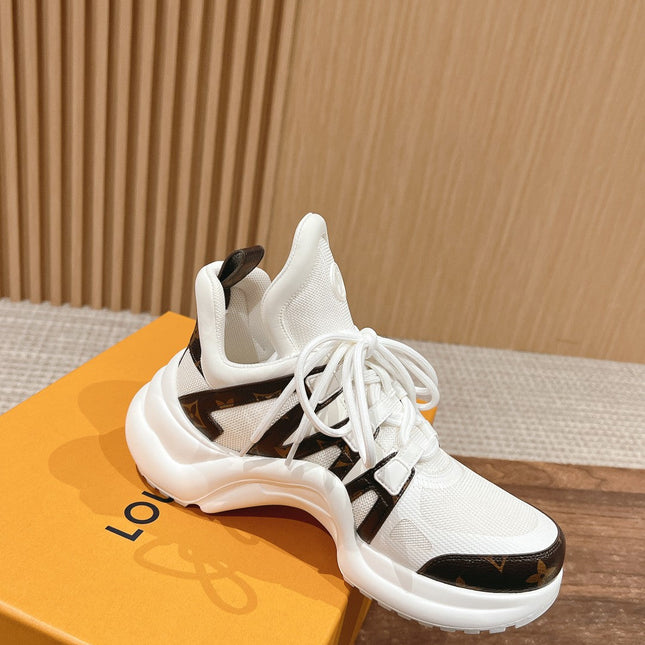 LV ARCHLIGHT SNEAKER IN WHITE CANVAS AND CHOCOLATE BROWN MONOGRAM CALFSKIN