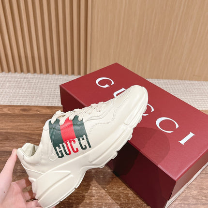GG RHYTON TRAINER WHITE CALFSKIN WITH WEB LOGO