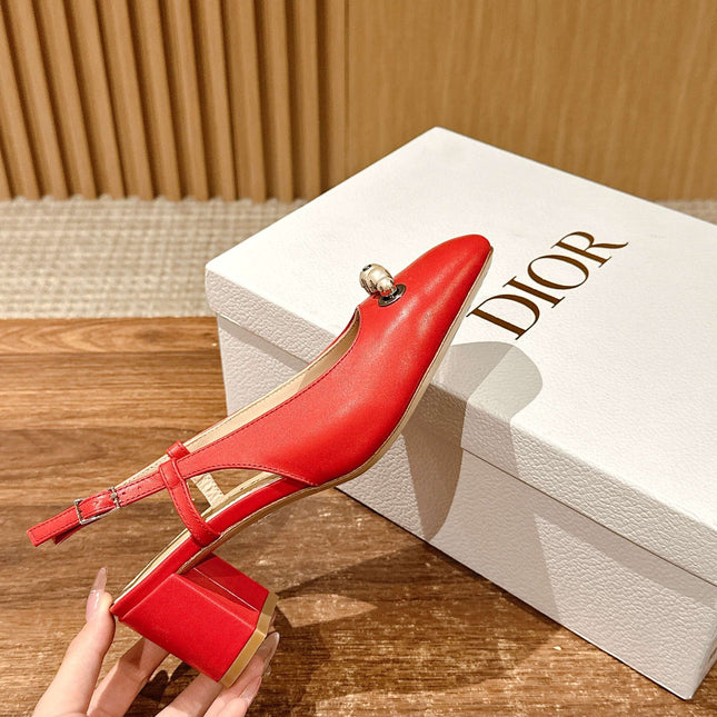 DIOR HIGH SLINGBACK 55 MM 25S IN RED LAMBSKIN PEARL DETAILING