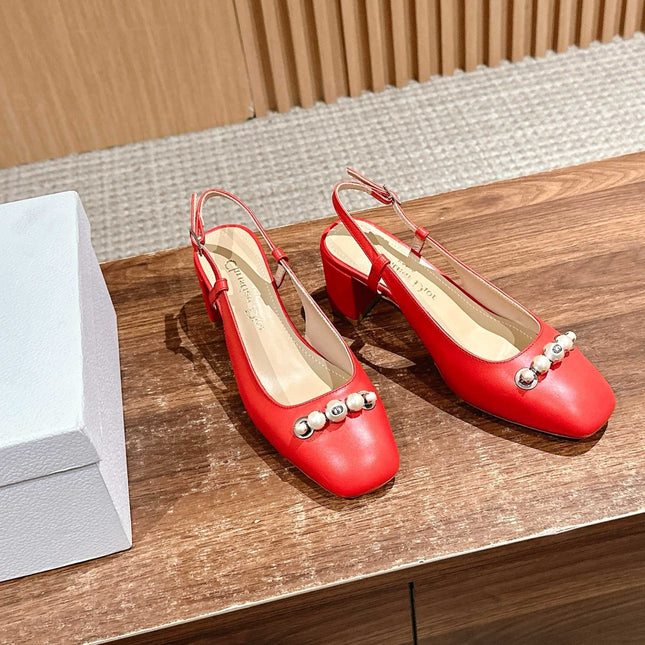 DIOR HIGH SLINGBACK 55 MM 25S IN RED LAMBSKIN PEARL DETAILING