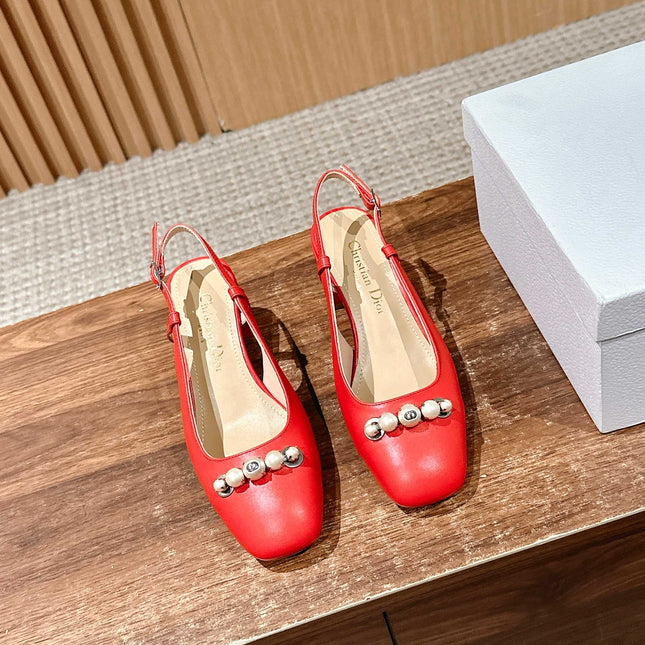 DIOR HIGH SLINGBACK 55 MM 25S IN RED LAMBSKIN PEARL DETAILING