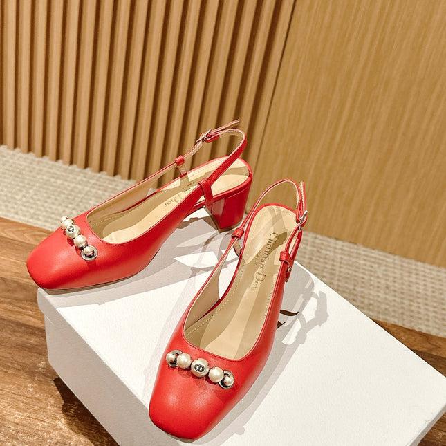 DIOR HIGH SLINGBACK 55 MM 25S IN RED LAMBSKIN PEARL DETAILING