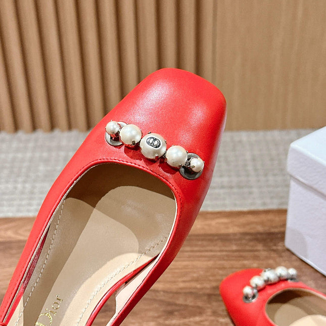 DIOR HIGH SLINGBACK 55 MM 25S IN RED LAMBSKIN PEARL DETAILING