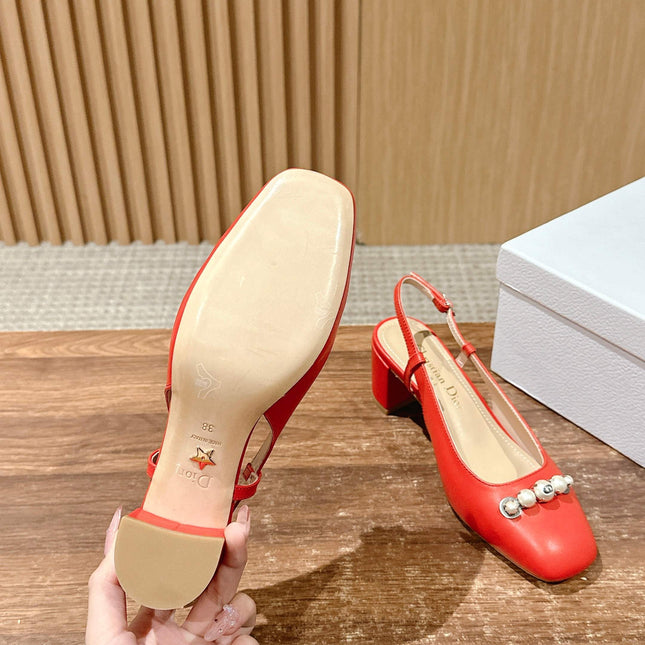 DIOR HIGH SLINGBACK 55 MM 25S IN RED LAMBSKIN PEARL DETAILING