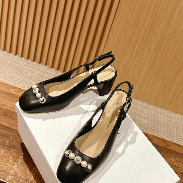 DIOR HIGH SLINGBACK 55 MM 25S IN BLACK LAMBSKIN PEARL DETAILING