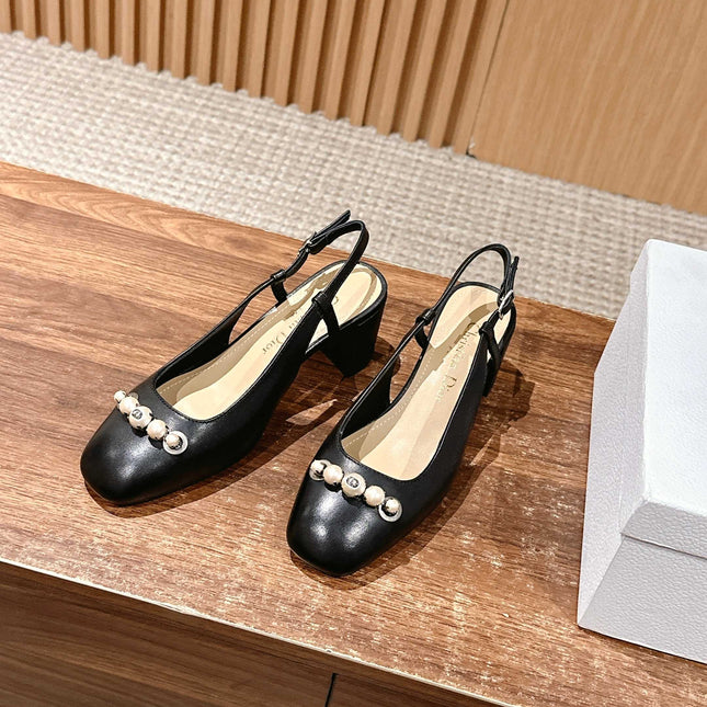DIOR HIGH SLINGBACK 55 MM 25S IN BLACK LAMBSKIN PEARL DETAILING