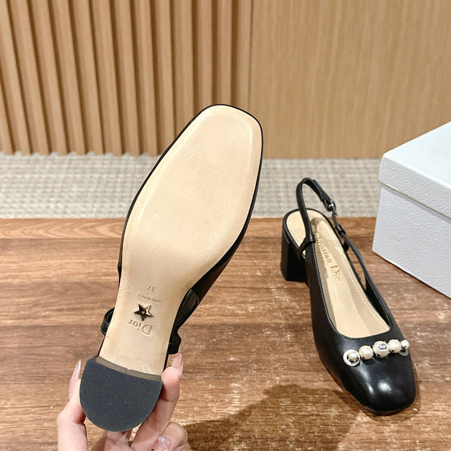 DIOR HIGH SLINGBACK 55 MM 25S IN BLACK LAMBSKIN PEARL DETAILING