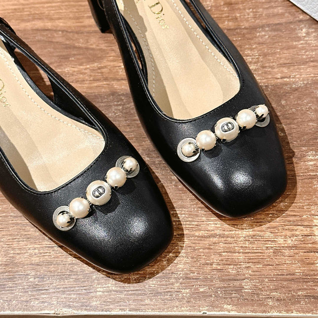 DIOR HIGH SLINGBACK 55 MM 25S IN BLACK LAMBSKIN PEARL DETAILING