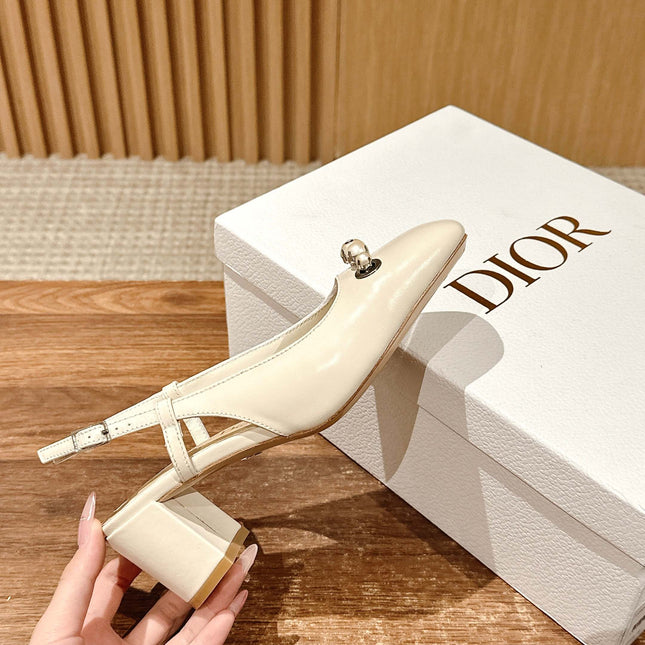 DIOR HIGH SLINGBACK 55 MM 25S IN CREAM WHITE LAMBSKIN PEARL DETAILING