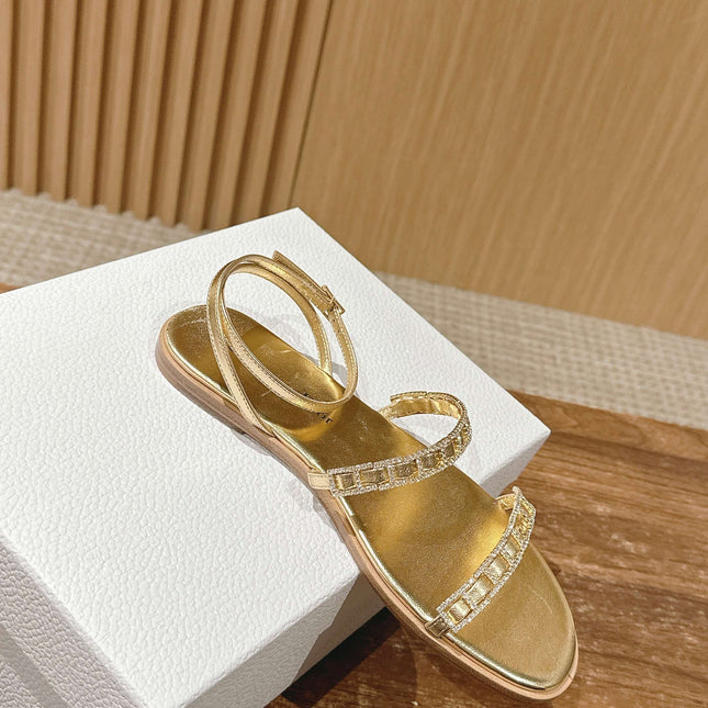 DIOR TWO-STRAP RHINESTONE SANDALS IN GOLD LAMBSKIN