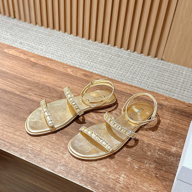 DIOR TWO-STRAP RHINESTONE SANDALS IN GOLD LAMBSKIN
