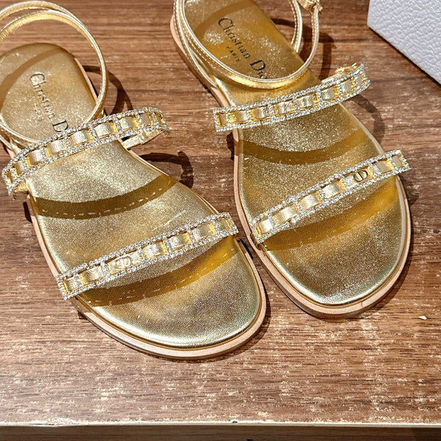 DIOR TWO-STRAP RHINESTONE SANDALS IN GOLD LAMBSKIN