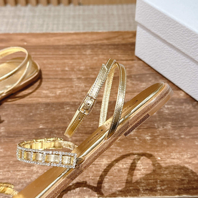 DIOR TWO-STRAP RHINESTONE SANDALS IN GOLD LAMBSKIN