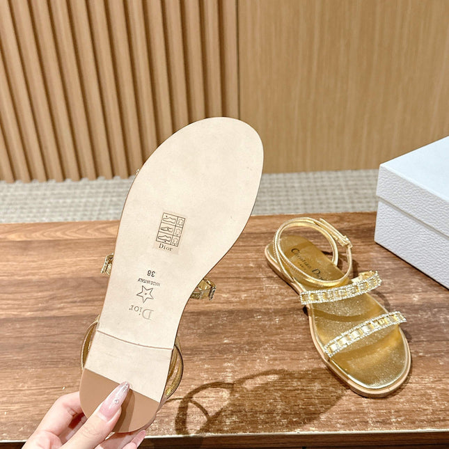 DIOR TWO-STRAP RHINESTONE SANDALS IN GOLD LAMBSKIN