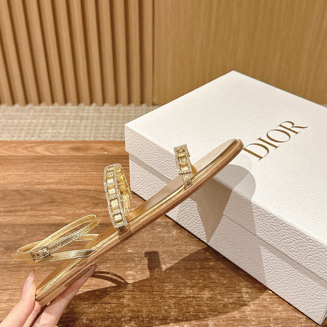 DIOR TWO-STRAP RHINESTONE SANDALS IN GOLD LAMBSKIN