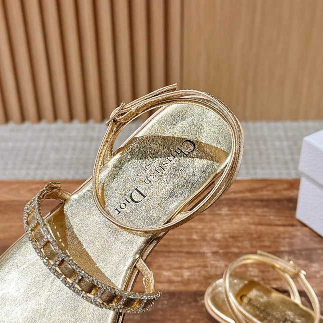 DIOR TWO-STRAP RHINESTONE SANDALS IN GOLD LAMBSKIN