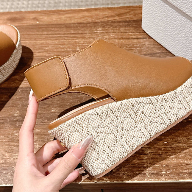 ATTITUDE WEDGE HIGH SLINGBACK 90MM IN BROWN CALFSKIN CANVAS SOLE