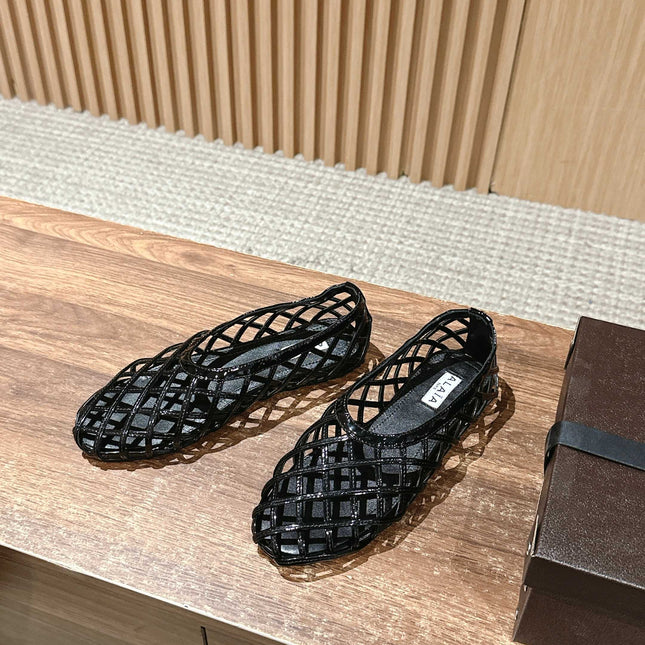 ALAIA MESH BALLET FLATS 25S IN BLACK LAMBSKIN