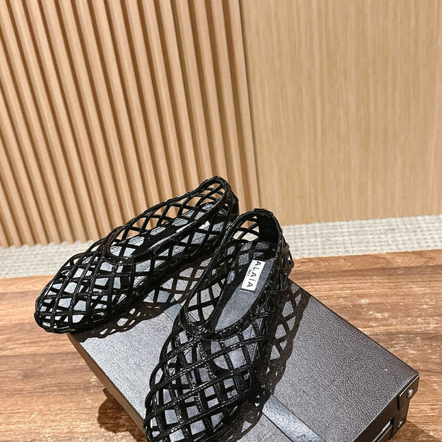 ALAIA MESH BALLET FLATS 25S IN BLACK LAMBSKIN