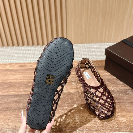 ALAIA MESH BALLET FLATS 25S IN DARK RED LAMBSKIN