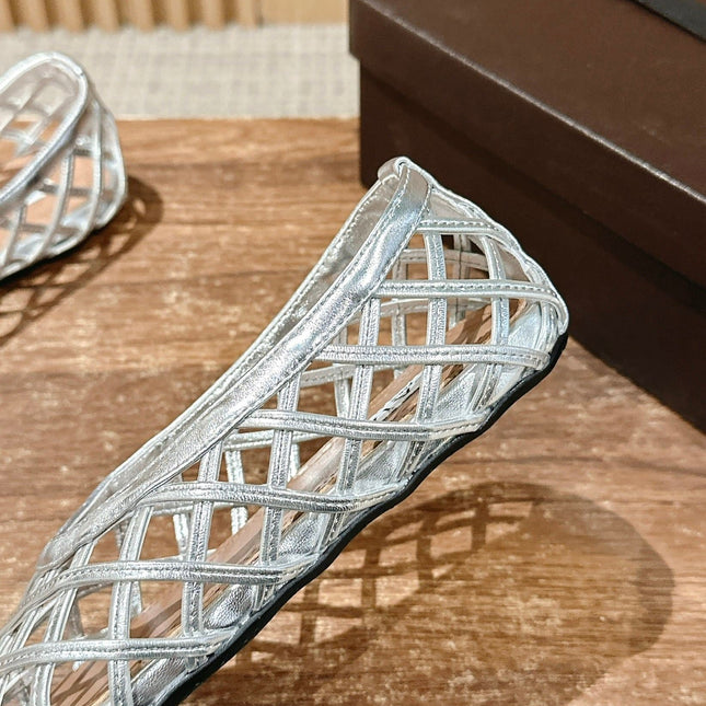 ALAIA MESH BALLET FLATS 25S IN SILVER LAMBSKIN