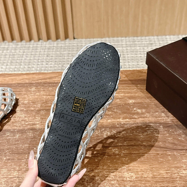 ALAIA MESH BALLET FLATS 25S IN SILVER LAMBSKIN