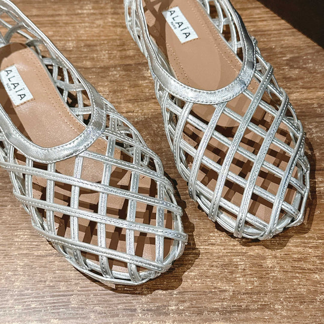 ALAIA MESH BALLET FLATS 25S IN SILVER LAMBSKIN
