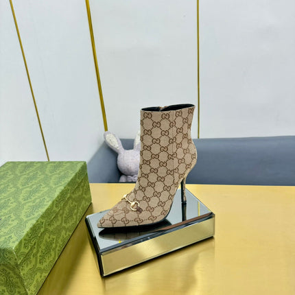 GG HORSEBIT ANKLE BOOT IN TAN BEIGE MONOGRAM CANVAS