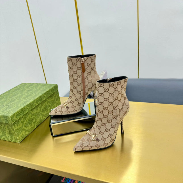 GG HORSEBIT ANKLE BOOT IN TAN BEIGE MONOGRAM CANVAS