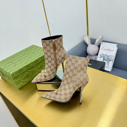 GG HORSEBIT ANKLE BOOT IN TAN BEIGE MONOGRAM CANVAS